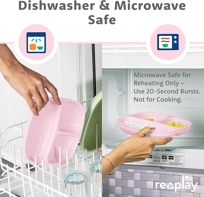 Re-Play Toddler Plates with Dividers - Deep-Walled 3 Compartments Divided Plates for Kids - Dishwasher & Microwave Safe - Made in USA - Set of 3-7.37" x 7.37" x 1.25" - Tulip