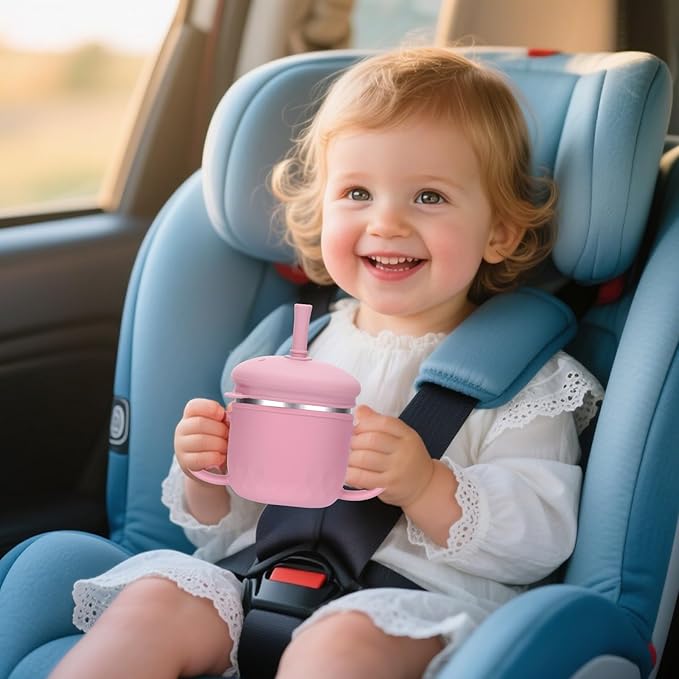BUSOHA Stainless Steel Sippy Cups - 3 IN 1 Silicone Sippy Cup for Toddlers Baby Straw Cup with Brush Kids Cups with Lid and Silicon Straw Anti-Drop Spill Proof Cups for Travel,8 oz, Pink