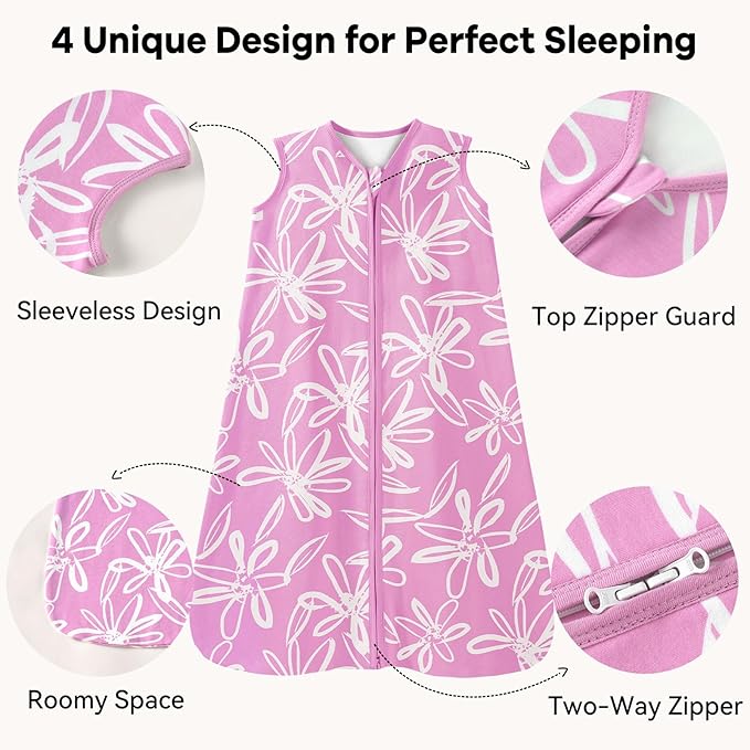 Baby Sleep Sack 0-6 Months 1.0 Tog Baby Wearable Blanket 100% Cotton Sleeping Sack with 2-Way Zipper for Infant Newborn Purple Leaf