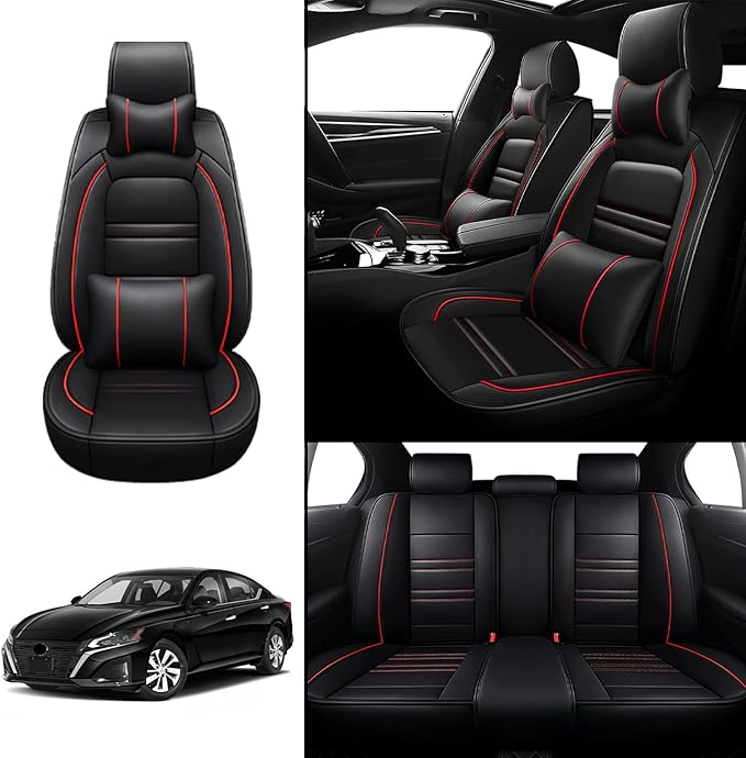 Car Seat Covers for Nissan Car Altima 1998-2025 | 5-Seats Seat Covers, Waterproof Seat Protectors, Automotive Seat Covers (Full Set with Pillow,Black&Red Line)