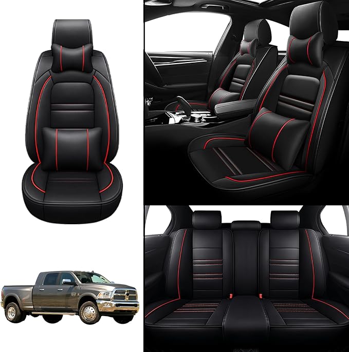 Car Seat Covers for Dodge ram 3500 2004-2011 | 5-Seats Seat Covers, Waterproof Seat Protectors, Automotive Seat Covers (Full Set with Pillow,Black&Red Line)