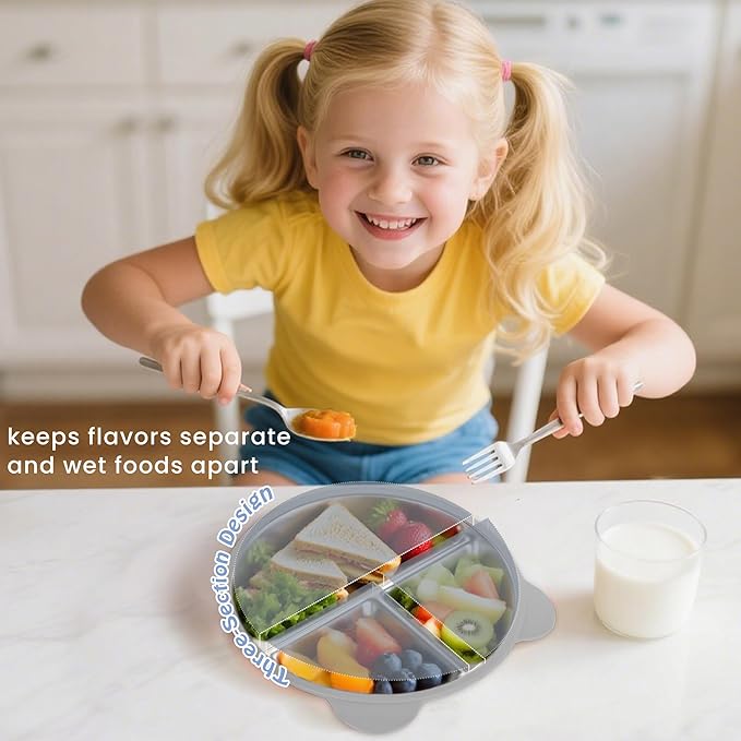Stainless Steel Kids Plate with Suction Set of 2, 9″ Toddler Divided Plates with Removable Non Slip Silicone Sleeves, Stackable Non-Toxic Baby Self Feeding Dishes, Baby Blue & Light Gray