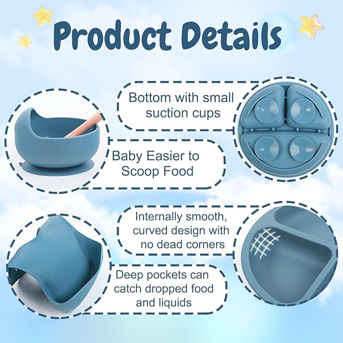Personalized Silicone Baby Feeding Set with Name, Customized Baby Led Weaning Supplies Self Feeding Eating Utensils with Spoon, Fork, Silicone Suction Bowls, Cup, Plate Dusty Blue