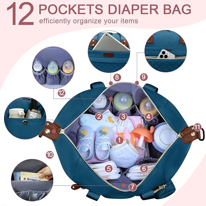 Pritent Diaper Bag Tote - Diaper Baby Bags with Pacifier Case, Shoulder Straps, Stroller Clips, Waterproof Large Mommy Maternity Travel Baby Bag for Mom and Dad, Blue, Medium