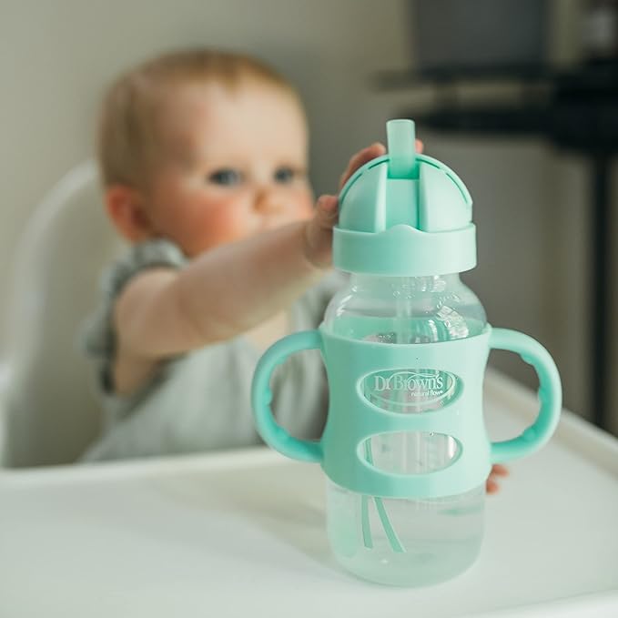 Dr. Brown's Milestones Wide-Neck Sippy Straw Bottle with 100% Silicone Handles and Weighted Straw, 9 oz/270 mL, Gray & Green, 6m+ (Pack of 6)