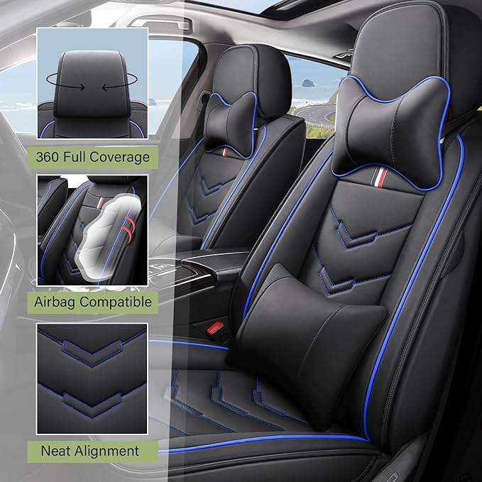 Leather Car Seat Covers Fit for LR Range Rover Sport 2023-2025, 5 Seater Waterproof and Wear-Resistant Seat Cover Interior Accessories(Full Set with Pillow,Black&Blue)