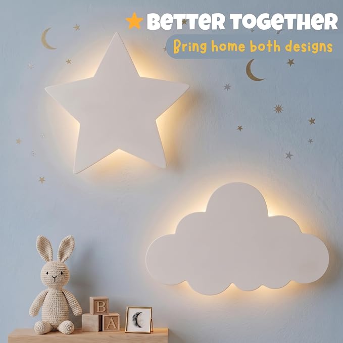 KALEOLI Cloud Night Light for Nursery - Dimmable & Rechargeable Kids Wall Lamp for Bedtime Routines - Crib & Baby Room Decor Nigth Light - 68Pcs Star Wall Decals Included