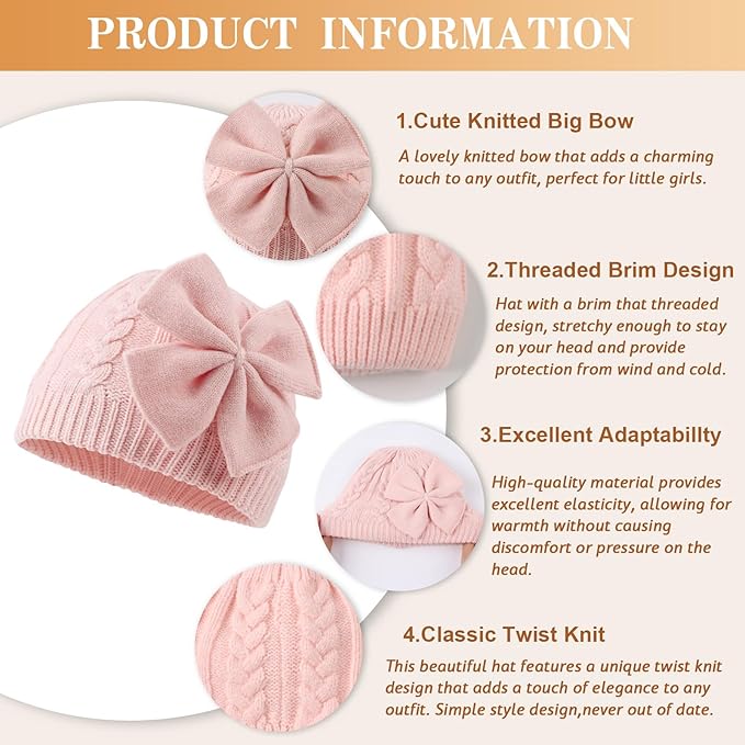 JANGANNSA Winter Warm Knitted Baby Hat for Girls Cotton Lined Infant Toddler Hat Autumn Cute Bow Classic Girls Beanie 0-6Y