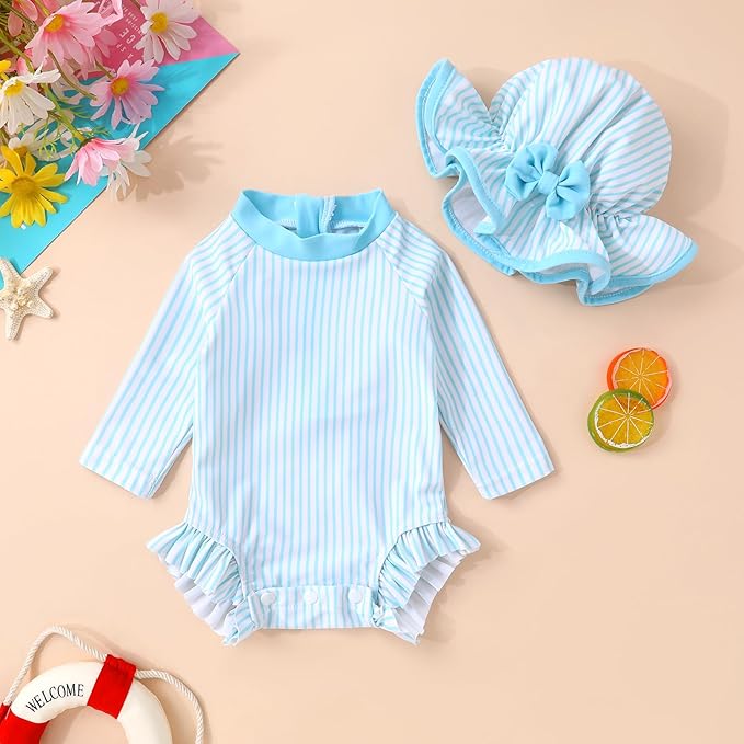Infant Baby Girl Swimsuit One-Piece Long Sleeve Rash Guard with Hat Set Floral Zipper Bathing Suit Leopard Beach Wear