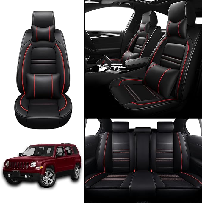 Car Seat Covers for JP Patriot 2009-2017 | 5-Seats Seat Covers, Waterproof Seat Protectors, Automotive Seat Covers (Full Set with Pillow,Black&Red Line)