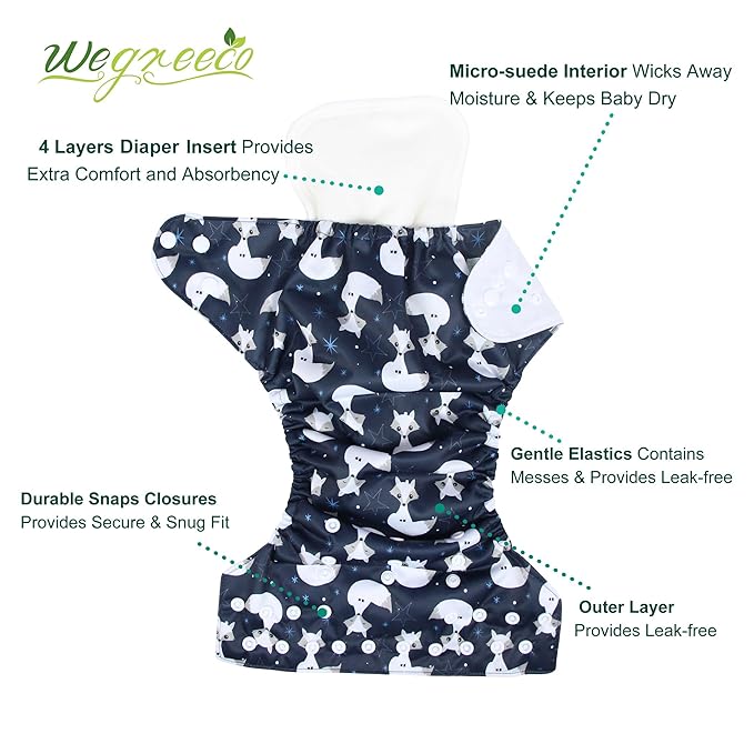 wegreeco Cloth Diapers 6 Pack with 6 Inserts & 1 Wet Bag, Washable Cloth Diapers for Babies, One Size Adjustable Reusable (Cool Animals)
