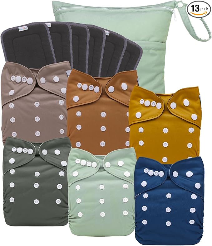 babygoal Reusable Charcoal Cloth Diapers with Double Gussets, 6 Pack Washable Baby Pocket Diapers with 6pcs Charcoal Inserts and Wet Dry Bag(Solid Color)