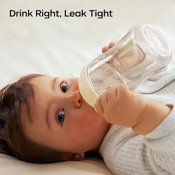 bc babycare Sippy Cup Learner for 6+ Month Old with Nipples & Handles, Spill Proof Sippy Cup, Weighted Straw Toddler Cups, Anti-Choking Baby Cups 1 Pack,Beige