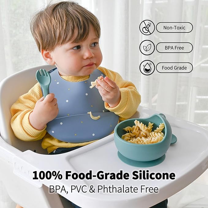 Little Rawr Baby Led Weaning Bundle, 100% Silicone Baby Feeding Set Includes Divided Plate, Suction Bowl, Straw Cup, Bib, Spoon & Fork, Develops Self Feeding Skills, Dishwasher Safe (Purple)