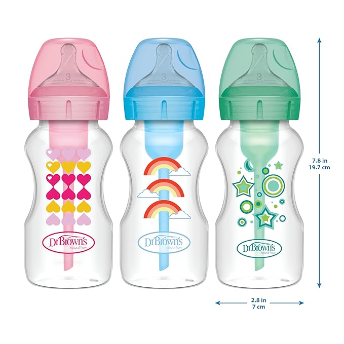 Dr. Brown’s Anti-Colic Options+ Wide-Neck Sippy Bottle Starter Kit, 9oz/270mL, with Level 3 Medium-Fast Flow Nipple and Soft 100% Silicone Sippy Spout, Green, BPA Free, 6m+, 2 Pack