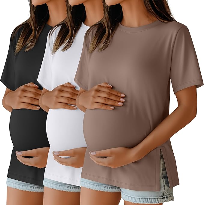 Ficerd 3 Pack Women's Maternity T Shirts, Short Sleeve Side Split Pregnancy Tops Casual Crew Neck Pregnant Tees Mama Clothes