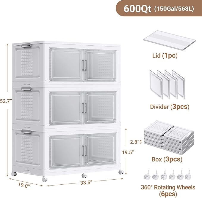 BROVIEW 600Qt Plastic Storage Bins with Lid and Wheels, 3Pack Extra Large Stackable Storage Bins with Dividers,Closet Organizers and Storage Cabinet Collapsible Box Shelves for Home Kitchen,White