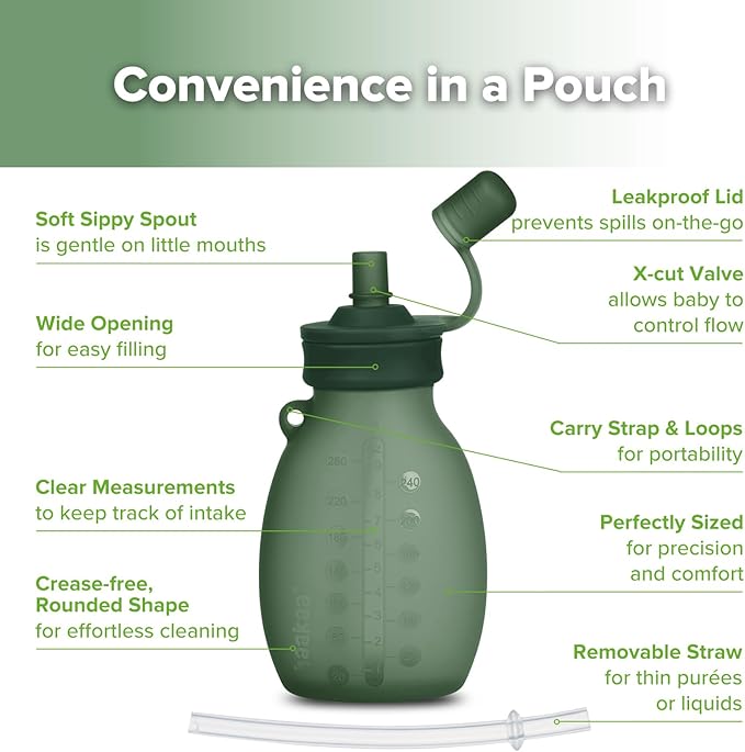 haakaa Hippo Wide Opening Silicone Goody Pouch – Reusable Pouches for Toddlers, Baby Food Pouches with Wide Opening for Easy Fill & Clean, Perfect for Purees & Smoothies, 9oz, 2 Pack, (Pea Green)