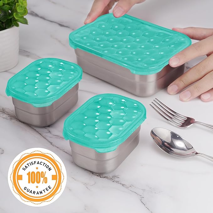 Small Stainless Steel Lunch Containers for Kids | Leak Proof Food Containers with Silicone Lids - Perfect Metal Food Containers with Lids for Kids School and Toddler Daycare (25oz+8oz*2)