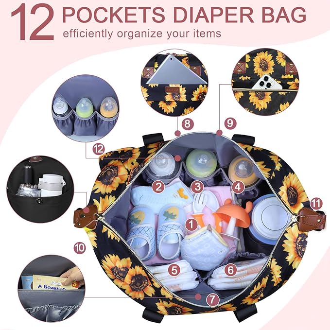 Pritent Diaper Bag Tote - Diaper Baby Bags with Pacifier Case, Shoulder Straps, Stroller Clips, Waterproof Large Mommy Bag Maternity Bag Travel Baby Bag for Mom and Dad, Sunflower