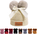 Personalized Toddler Beanie Hat with Bow - Custom Winter Pom Pom Beanies - Leater Patch Baby Warm Knit Hats