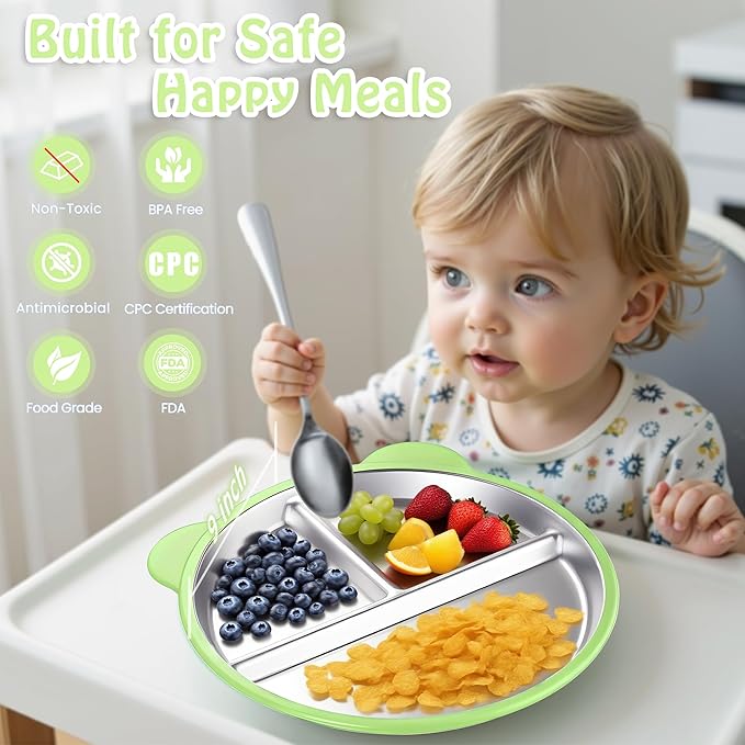 Stainless Steel Kids Plate with Suction Set of 4, 9″ Toddler Divided Plates with Removable Non Slip Silicone Sleeves, Dishwasher Safe Dinnerware, Light Pink, Baby Blue, Avocado Green, Beige
