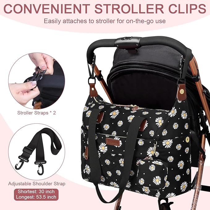 Pritent Diaper Bag Tote - Diaper Baby Bags with Pacifier Case, Shoulder Straps, Stroller Clips, Waterproof Large Mommy Maternity Travel Baby Bag for Mom and Dad, Daisy, Medium