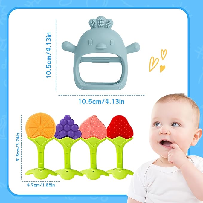 Baby Teething Toys(5 Pack) - Tinabless Infant Teething Keys&Silicone Teething Mitten for Babies Over 3 Months, BPA-Free, Natural Organic Freezer Safe for Infants and Toddlers(Blue)