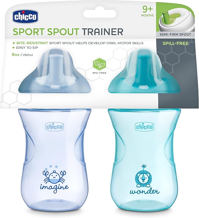 Chicco Sport Spout Trainer with Semi-Firm, Bite-Resistant Spout and Spill-Free Lid 9oz. | Top-Rack Dishwasher Safe | Easy to Hold with Ergonomic Indents | Pale Blue/Teal, 2pk | 9+ months