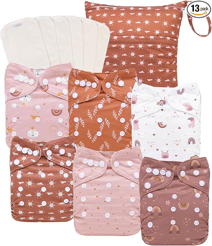 babygoal AWJ Cloth Diapers with Tummy Panel Pack of 13, 6 Diaper Cover with 6 Inserts and Wet Dry Bag, Adjustable Washable Reusable for Baby Girls and Boys