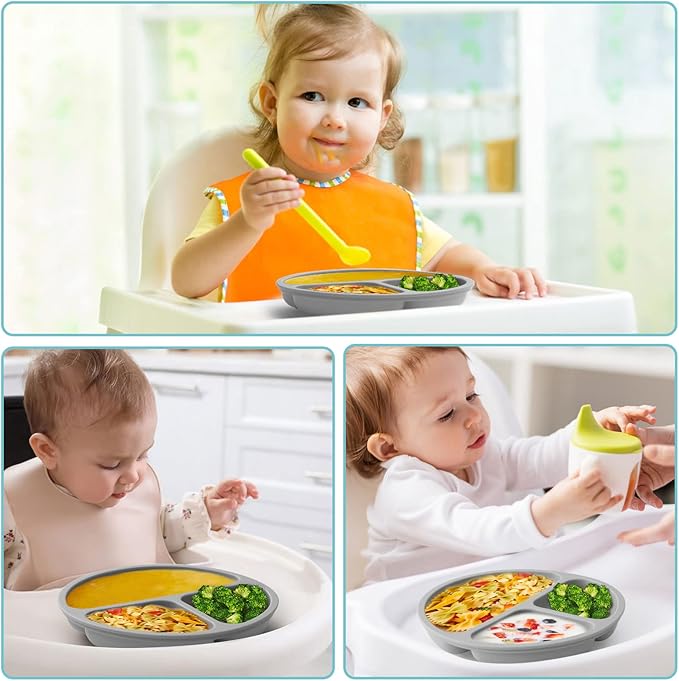 Silikong Suction Plate for Toddlers | BPA Free, 100% Food-Grade Silicone | Microwave, Dishwasher and Oven Safe | Stay Put Divided Baby Feeding Plates (3, Pink/Purple/Grey)