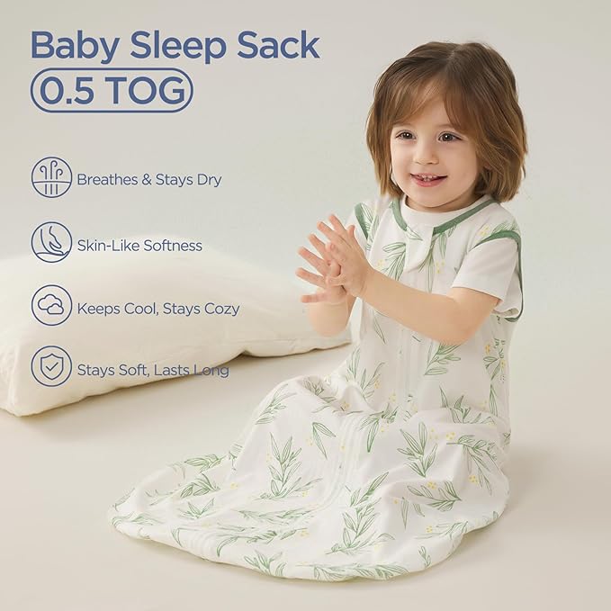 Duomiaomiao 3-Pack Baby Sleep Bag, 100% Organic Cotton Lightweight Wearable Blanket, Breathable Comfy Toddler Sleeping Sack (0.5tog Green Leaves, Large)