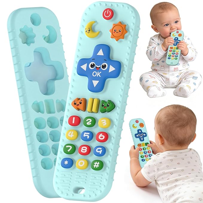 Baby Teething Toys Silicone Baby Remote Teether Over 3 Months - Baby Essentials Sensory Chew Toys - Baby Teether for Teething Relief - BPA Free Infant Toys Baby Shower Gifts (1, Blue)