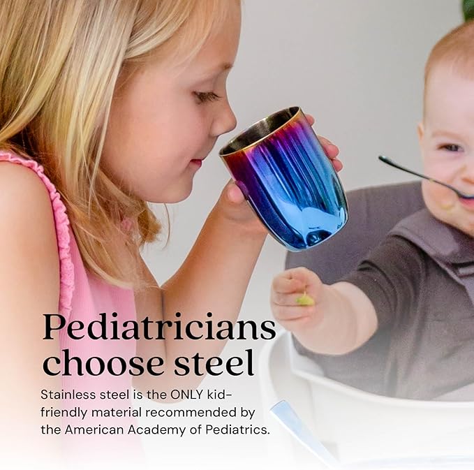 Ahimsa Stainless Steel Kids Cups - Pediatrician Designed Toddler Cup for Open Cup Training, 8oz, 100% BPA Free & Dishwasher Safe (Set of 4 Iridescent Blue Cups)