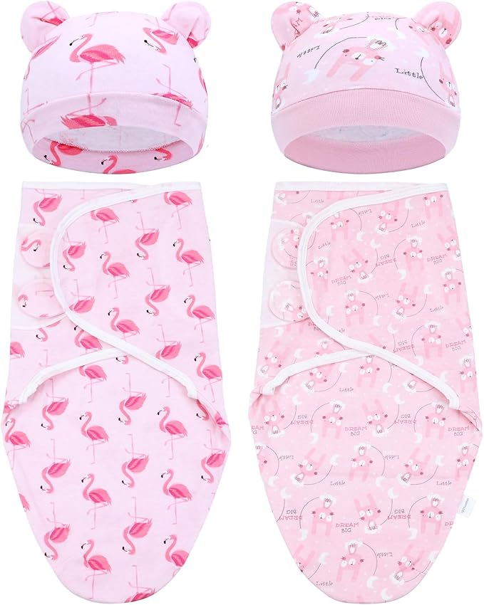 Cinaci 2 Pieces Adjustable Soft Cotton Baby Swaddle Sleep Sacks Hats Newborn Nursery Caps Beanies Bonnets Swaddle Blanket Wraps for Baby Girls Boys Infants Newborns (2PCS S3)