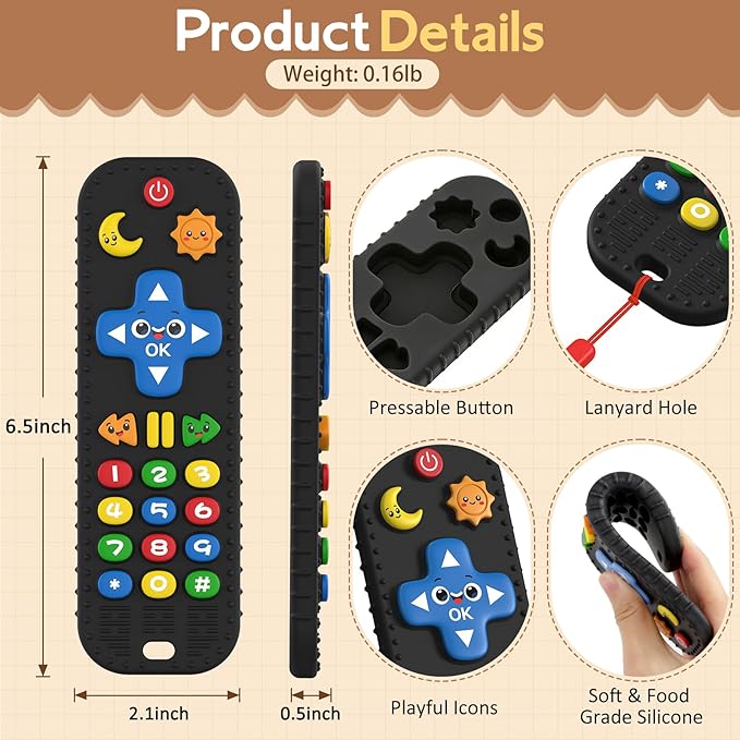 Baby Teething Toys Silicone Baby Remote Teether Over 3 Months - Baby Essentials Sensory Chew Toys - Baby Teether for Teething Relief - BPA Free Infant Toys Baby Shower Gifts (1, Black)