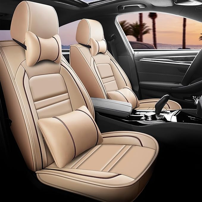 Car Seat Covers for Chevy Silverado 1500 2007-2025 | 5-Seats Seat Covers, Waterproof Seat Protectors, Automotive Seat Covers (Full Set with Pillow,Beige)