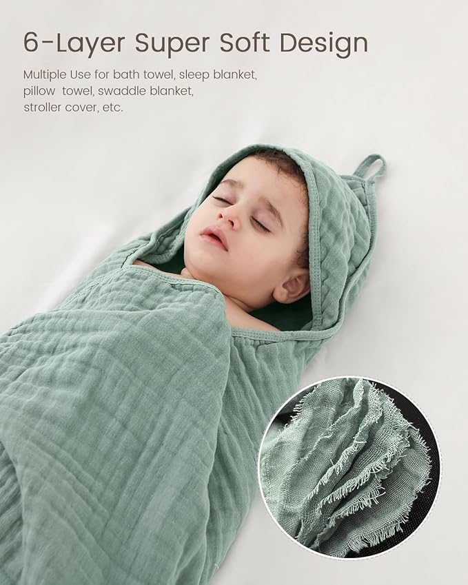 Hooded Baby Towels for Newborn, 35x35 Inch 2 Pack 100% Muslin Cotton Baby Bath Towel, Soft Baby Beach Towels with Hood for Infants, Toddlers and Kids, (Roman Green + White)