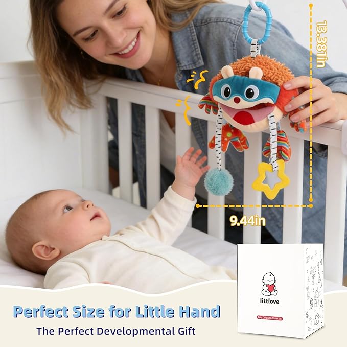 Baby Car Seat Toys Hanging - Sensory Ball Travel Toys for 6 7 8 9 10 11 12 Monthes with Rattle, Teether, Squeaky, Crinkle,Textures, Soft Montessori Plush Toys Newborn Gift Boys Girls Infant Roadtrip