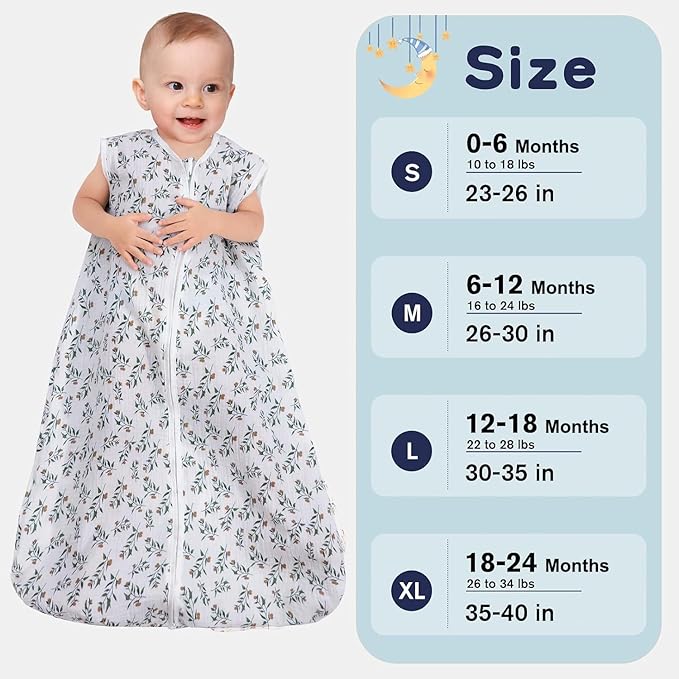 2 Pack Baby Sleep Sack 0-6 Months 100% Organic Cotton Muslin Baby Sleeping Bag 2-Way Zipper Wearable Blankets (Rainbow & Leaf, Small)