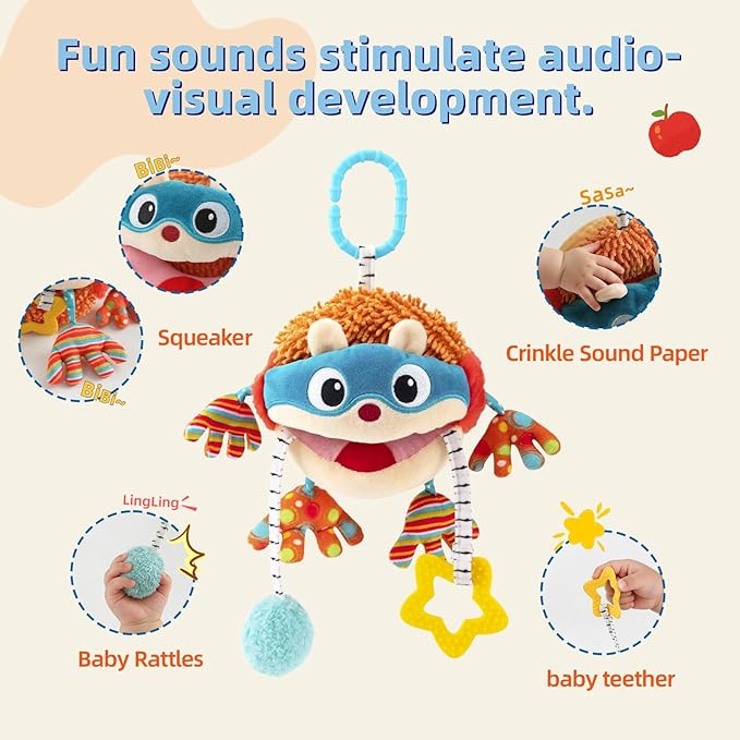 Baby Car Seat Toys Hanging - Sensory Ball Travel Toys for 6 7 8 9 10 11 12 Monthes with Rattle, Teether, Squeaky, Crinkle,Textures, Soft Montessori Plush Toys Newborn Gift Boys Girls Infant Roadtrip