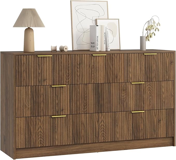7 Drawers Dresser for Bedroom，55" Wide Fluted Dresser with Deep Drawers, Modern Chest of Drawers, Mid Century Wood TV Stand Storage Organizer for Closet, Living Room, Hallway, Natural