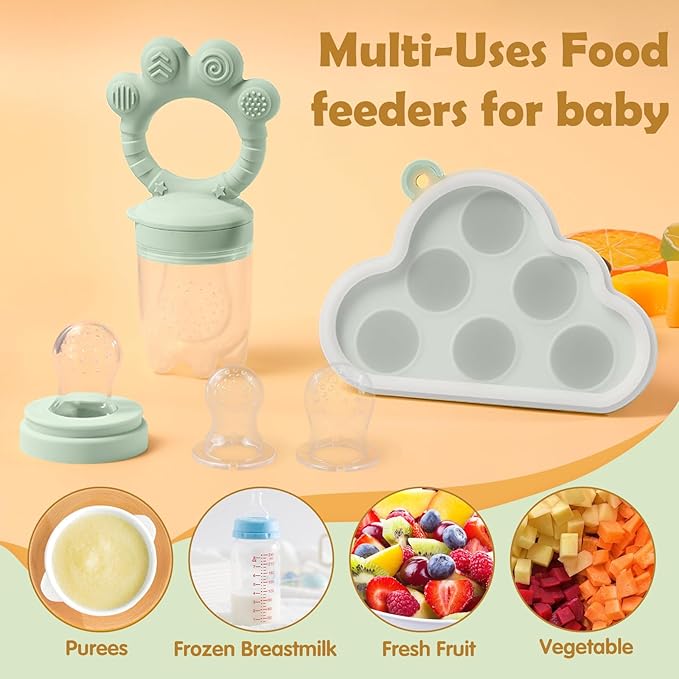 Baby Fruit Food Feeder Set and Teething Toys for Baby – 3 Size Silicone Fruit Feeder with Breastmilk Popsicle Freezer Molds, 2 Teethers for Teething Relief and Infant Self-Feeding