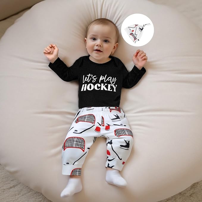 Baby Boy Hockey Outfit New Player in Town Long Sleeve Romper Long Pants Hat Set 3Pcs Newborn Fall Winter Clothes