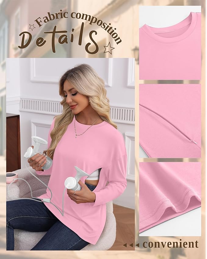 3 Pack Women's Nursing Breastfeeding Tops, Long Sleeve Maternity Shirts Oversize Hidden Zipper Pregnancy Clothes