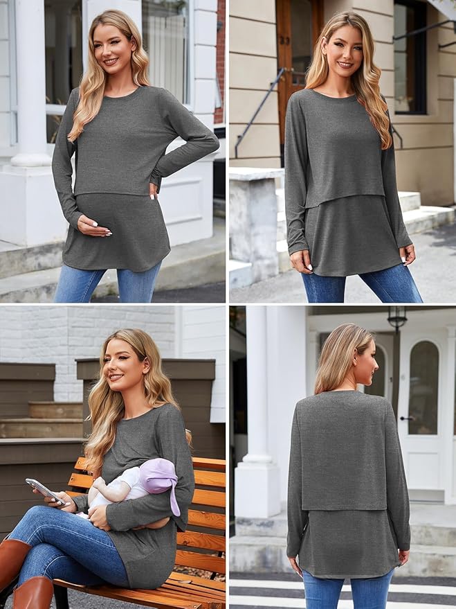Ecavus Women's 3Pack Maternity Nursing Shirts Long Sleeve Double Layer Breastfeeding Shirts Comfy Pregnancy Clothes