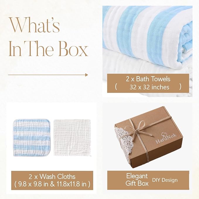Muslin Hooded Baby Towel 4 Pack, Preuim Muslin 6 Layers Natural Cotton Baby Bath Towels, Soft and Comfortable for Boys,Girls (32 x 32, Blue Striped and White)