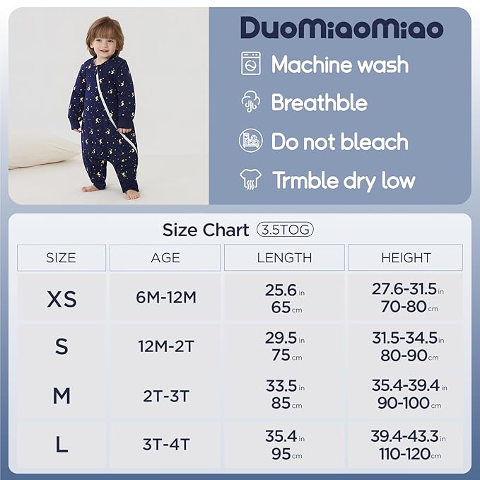 Duomiaomiao 3.5 TOG Toddler Sleep Sack 12-24 Months 100% Cotton Winter Side Open Zipper Baby Sleep Sack with Feet, Warm Toddler Wearable Blanket