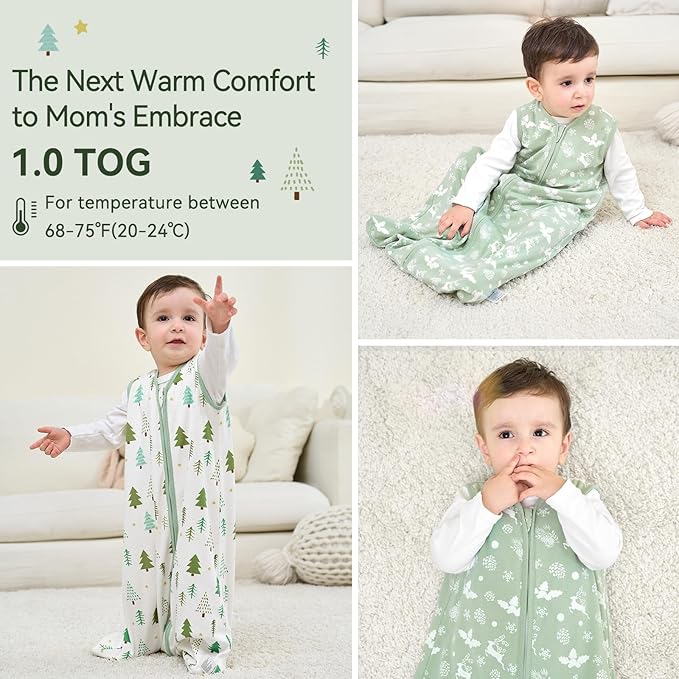 Baby Sleep Sack 12-18 Months 1.0 Tog Baby Wearable Blanket 100% Cotton Sleeping Sack with 2-Way Zipper for Toddler Infant Green Tree