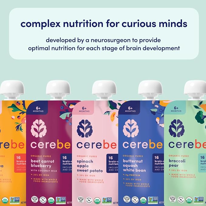 Cerebelly Organic Baby Food Pouches, Sweet Potato Mango Purees, 16 Nutrients, No Added Sugar, Fiber & Non-GMO, 4oz, 6 Pack